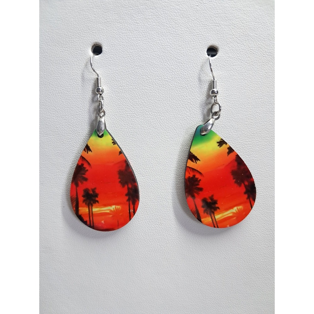 Tropical Sunset Palm Tree Teardrop Dangle Earrings Summer Beach Jewelry Silver